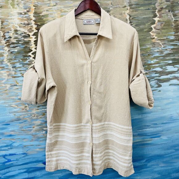 Caran New York Button Front Blouse Linen Sz 2X Roll Tabbed Sleeves Tunic VTG 2X - Picture 1 of 16
